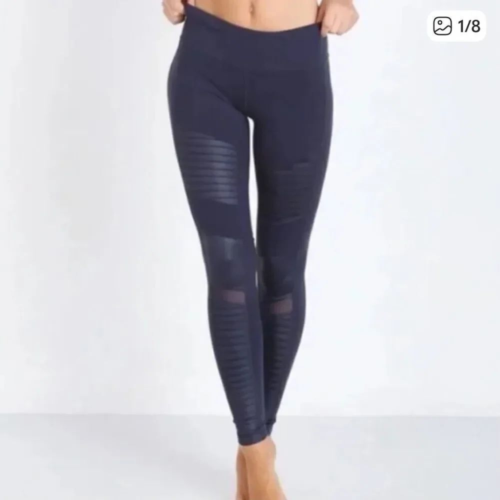Alo Mixed Moto Faux Leather Mesh Legging Low Rise Navy Blue